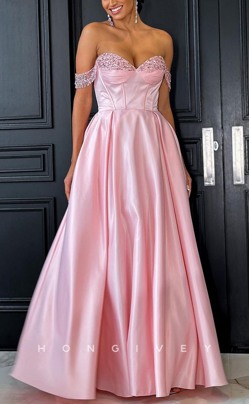 L1753 - Sexy Satin A-Line Off-Shoulder Empire Floor-Length Beaded Fringe Party Prom Evening Dress - Fashionpara