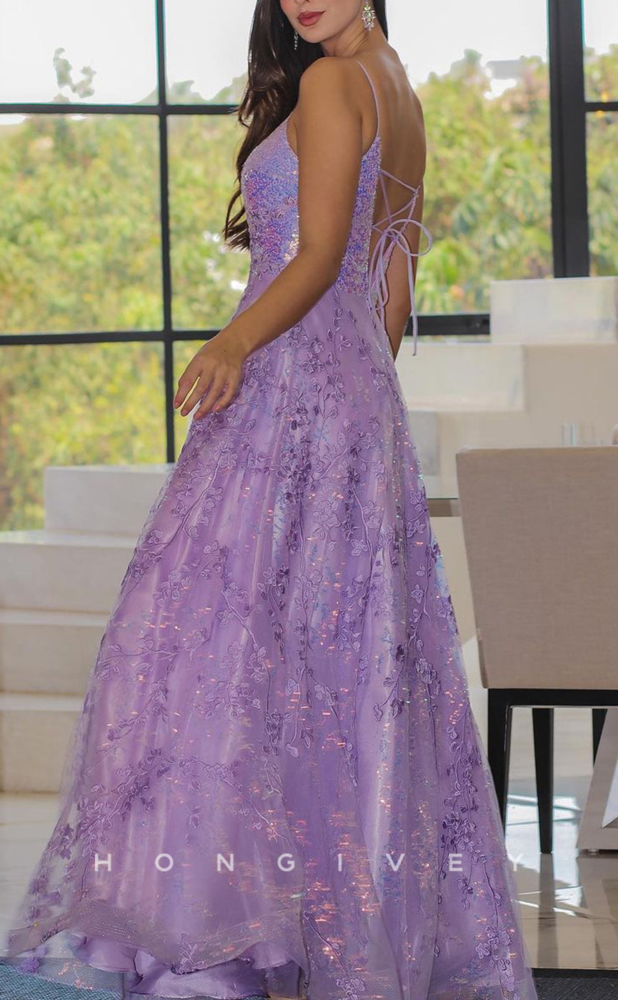 L1763 - Sexy Satin Glitter A-Line V-Neck Spaghetti Straps Empire Sequined Appliques Party Prom Evening Dress - Fashionpara