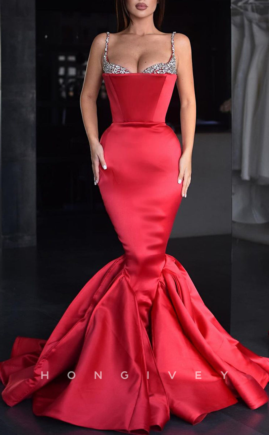 L1764 - Sexy Satin Trumpt Sweetheart Spaghetti Straps Empire Beaded Party Prom Evening Dress - Fashionpara