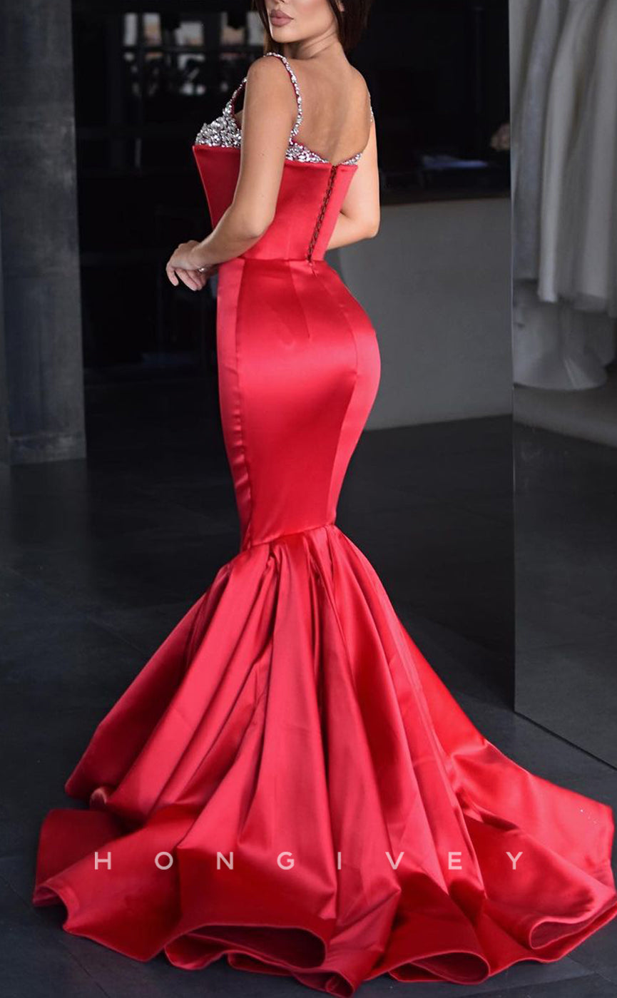 L1764 - Sexy Satin Trumpt Sweetheart Spaghetti Straps Empire Beaded Party Prom Evening Dress - Fashionpara