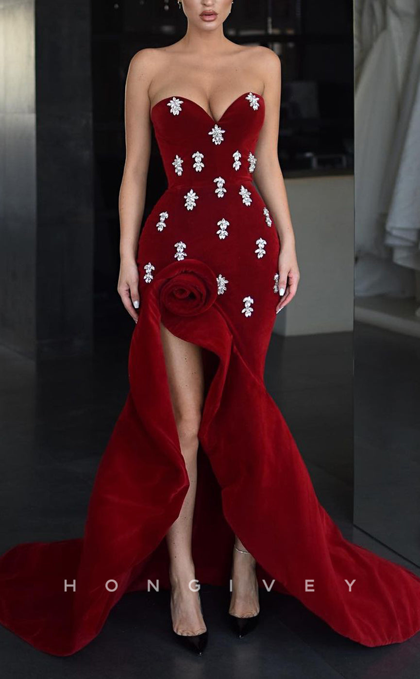 L1765 - Sexy Satin Trumpt Sweetheart Strapless Sleeveless Empire Beaded Ruffled Party Prom Evening Dress - Fashionpara