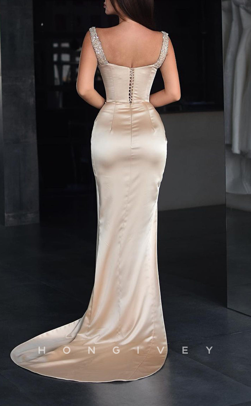 L1766 - Sexy Satin Fitted Glitter Asymmetrical Spaghetti Straps Empire Appliques Party Prom Evening Dress - Fashionpara