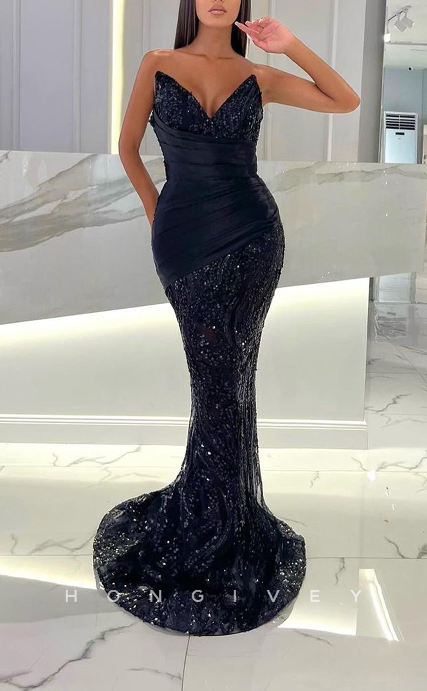 L1768 - Sexy Satin Trumpt V-Neck Strapless Sleeveless Beaded Sequined Party Prom Evening Dress - Fashionpara