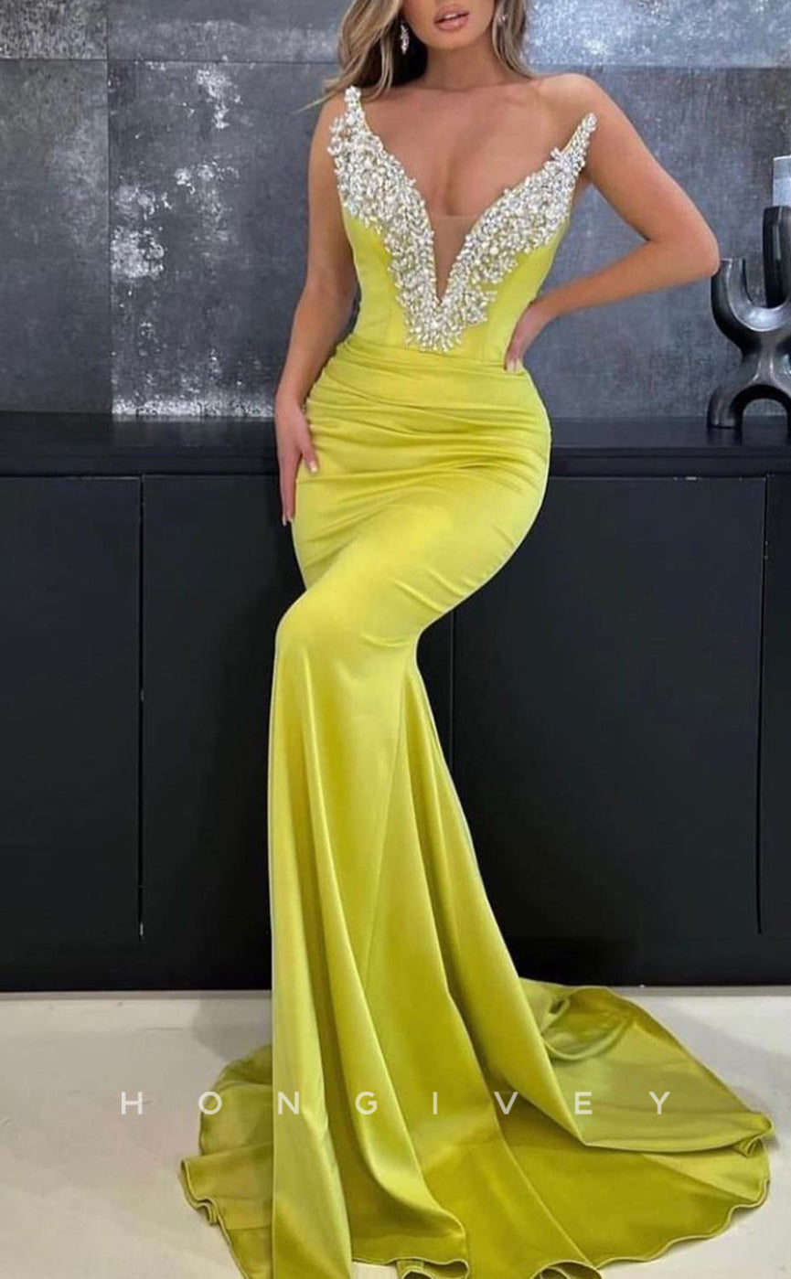 L1770 - Sexy Satin Fitted Glitter V-Neck Sleeveless Empire Ruched With Train Party Prom Evening Dress - Fashionpara