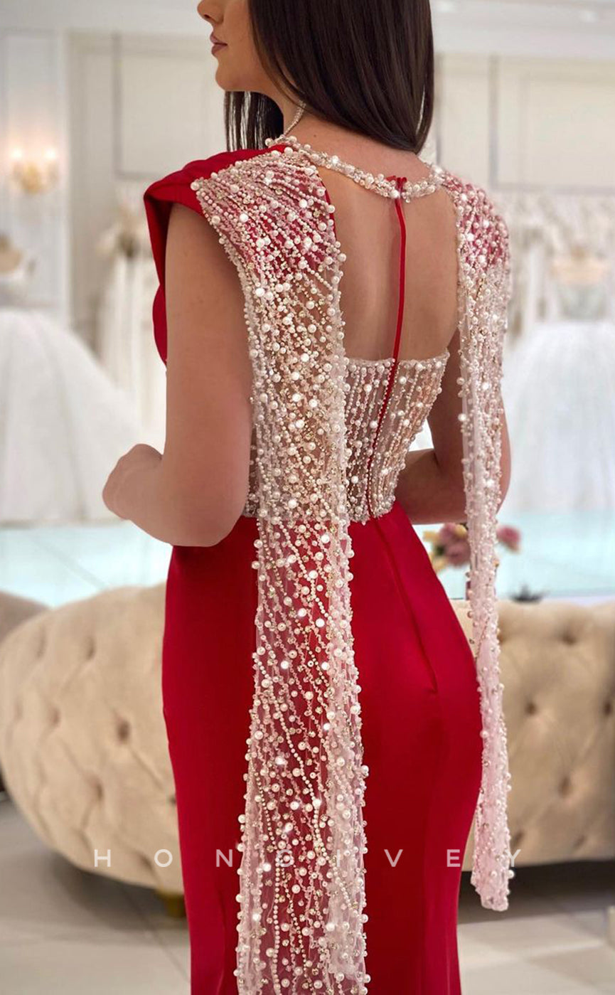 L1771 - Sexy Satin Fitter Illusion Round Sleeveless Empire Beaded Pearls Party Prom Evening Dress - Fashionpara