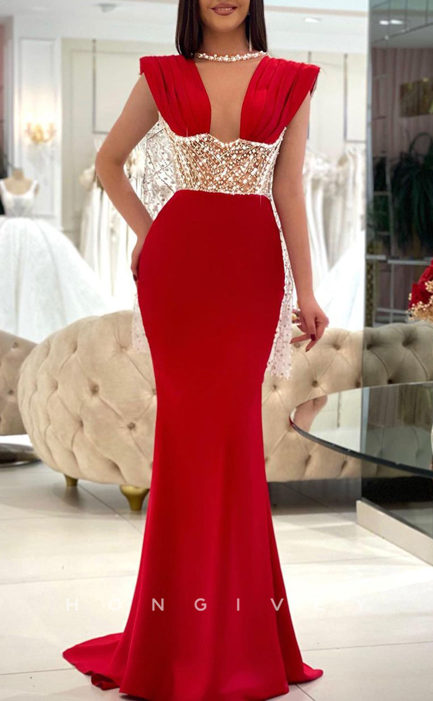 L1771 - Sexy Satin Fitter Illusion Round Sleeveless Empire Beaded Pearls Party Prom Evening Dress - Fashionpara