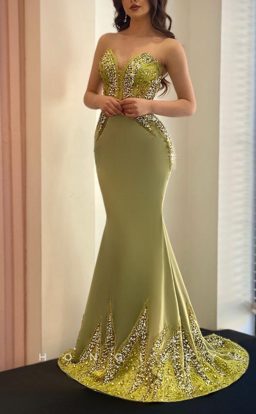 L1772 - Sexy Satin Trumpt Glitter Sweetheart Sleeveless Empire Beaded Party Prom Evening Dress - Fashionpara