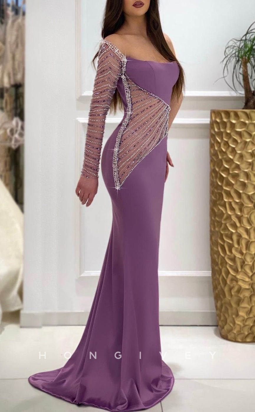 L1773 - Sexy Satin Fitted Glitter One Shoulder Long Sleeve Illusion Beaded Party Prom Evening Dress - Fashionpara