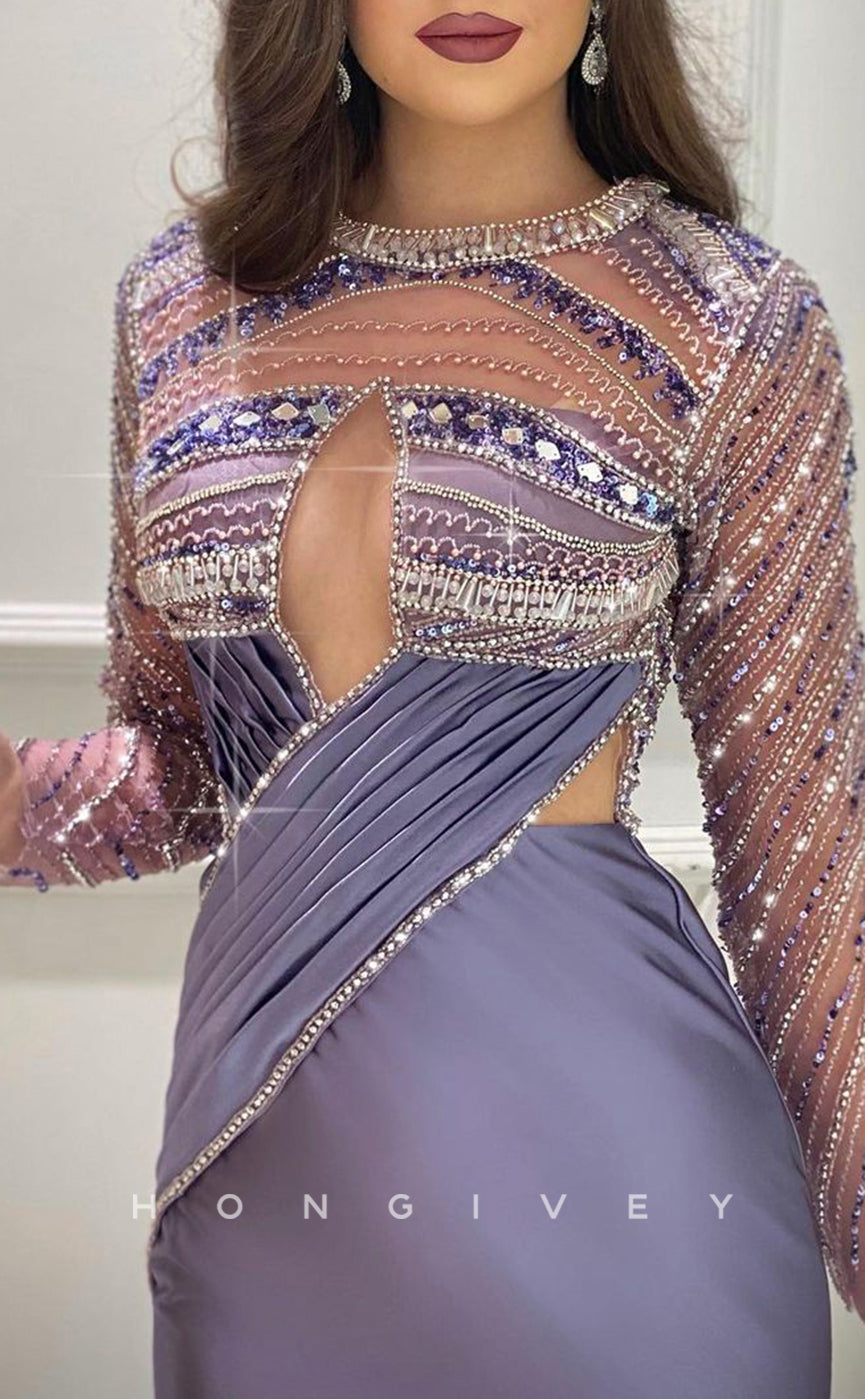 L1774 - Sexy Satin Fitted Glitter Round Long Sleeve Ruched Illusion Beaded Party Prom Evening Dress - Fashionpara