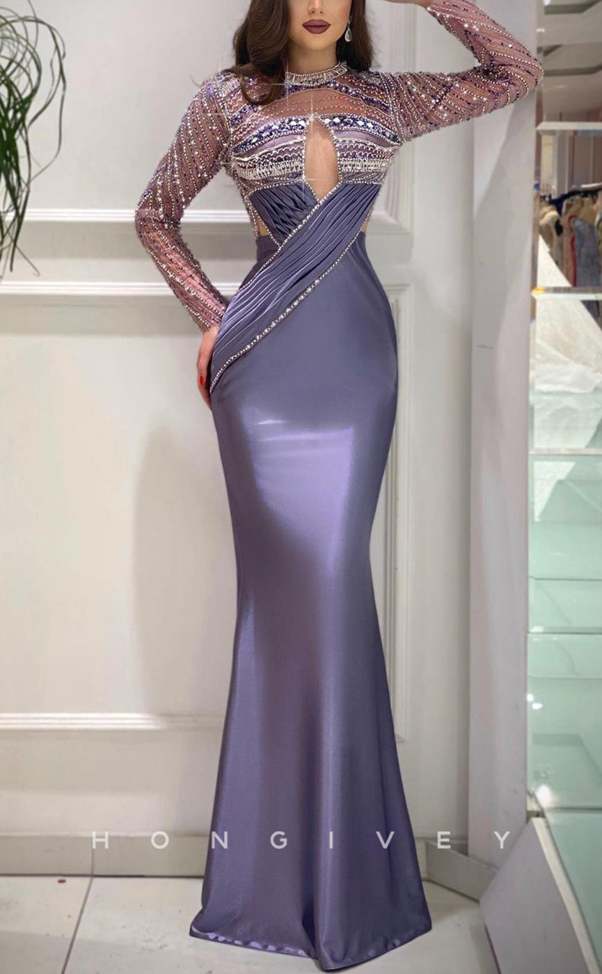 L1774 - Sexy Satin Fitted Glitter Round Long Sleeve Ruched Illusion Beaded Party Prom Evening Dress - Fashionpara