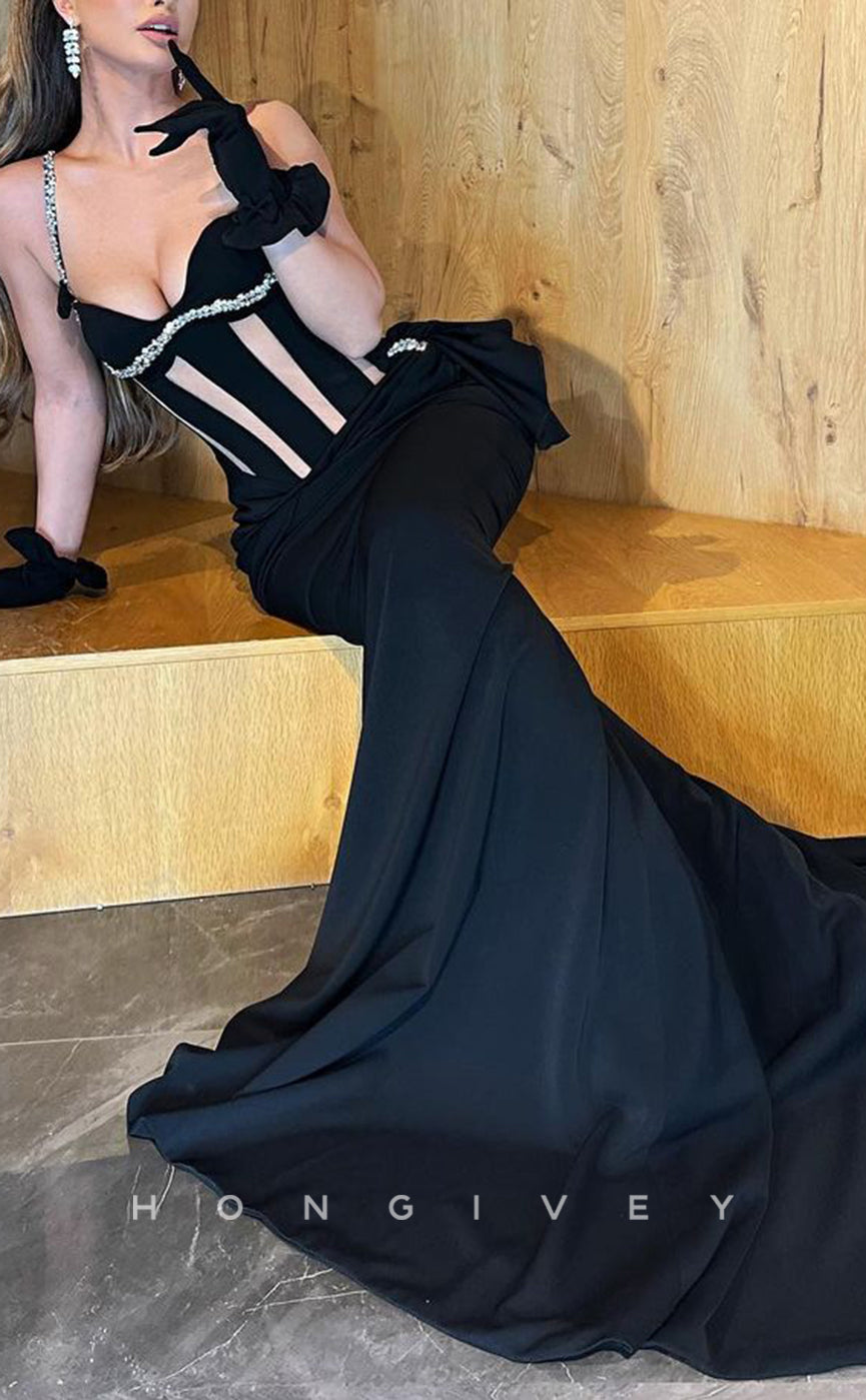 L1778 - Sexy Satin Trumpt Illusion Sweetheart Spaghetti Straps Beaded Ruched Party Prom Evening Dress - Fashionpara