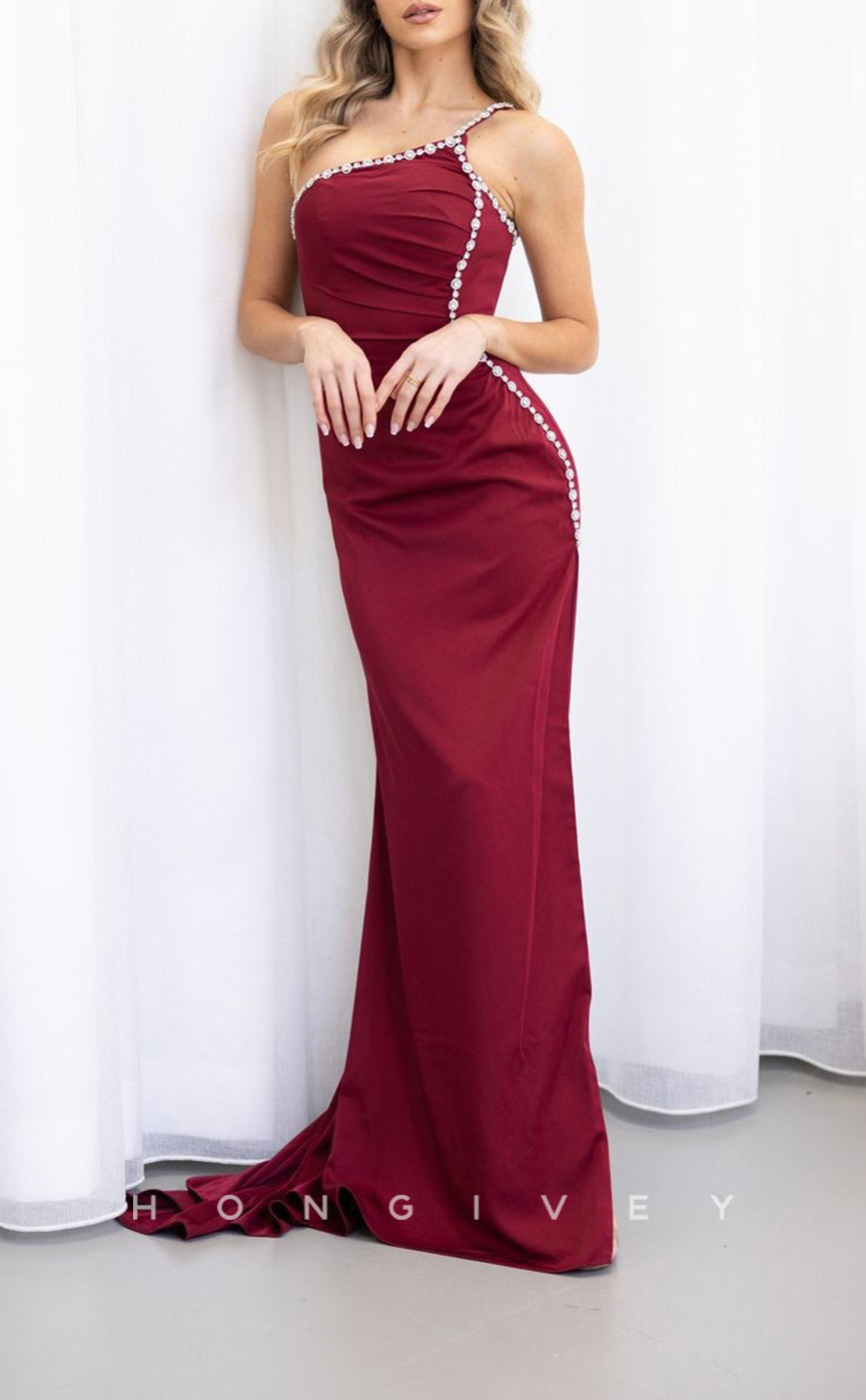 L1784 - Sexy Satin Fitted One Shoulder Sleeveless Pleats Beaded Party Prom Evening Dress - Fashionpara