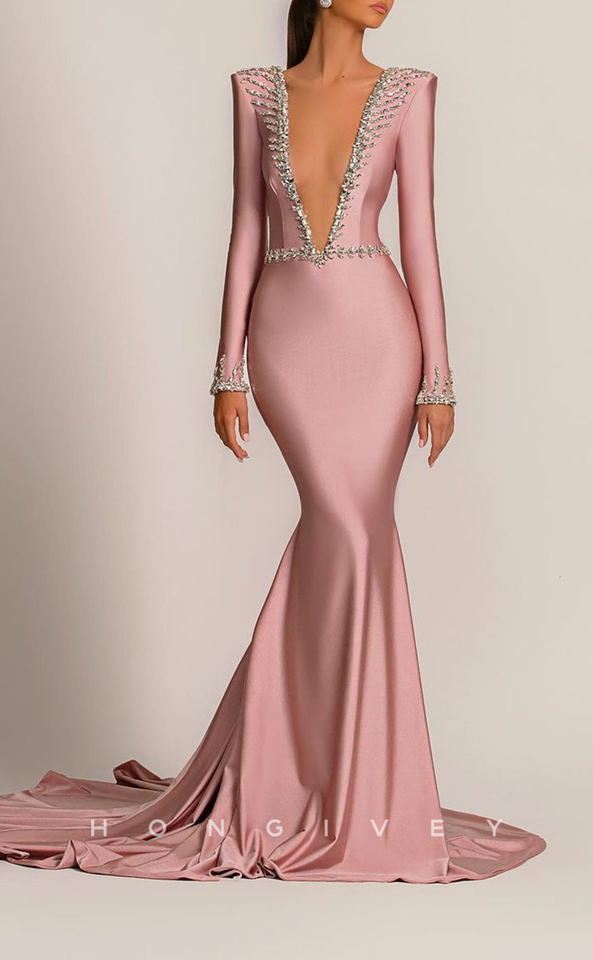L1785 - Sexy Satin Trumpt Glitter Scoop Long Sleeve Beaded With Train Party Prom Evening Dress - Fashionpara