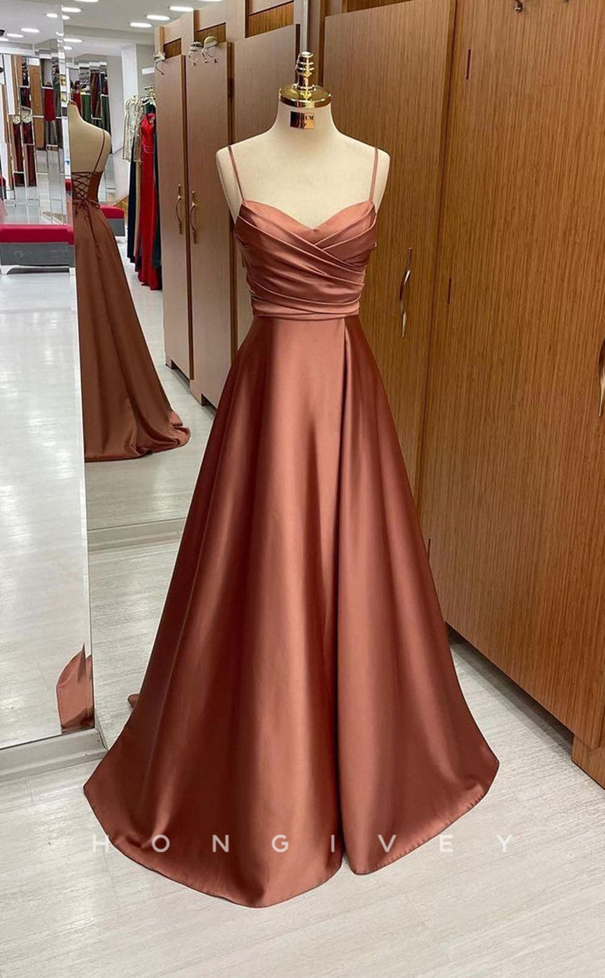 L1790 - Sexy Satin A-Line V-Neck Spaghetti Straps Empire Ruched Party Prom Evening Dress - Fashionpara