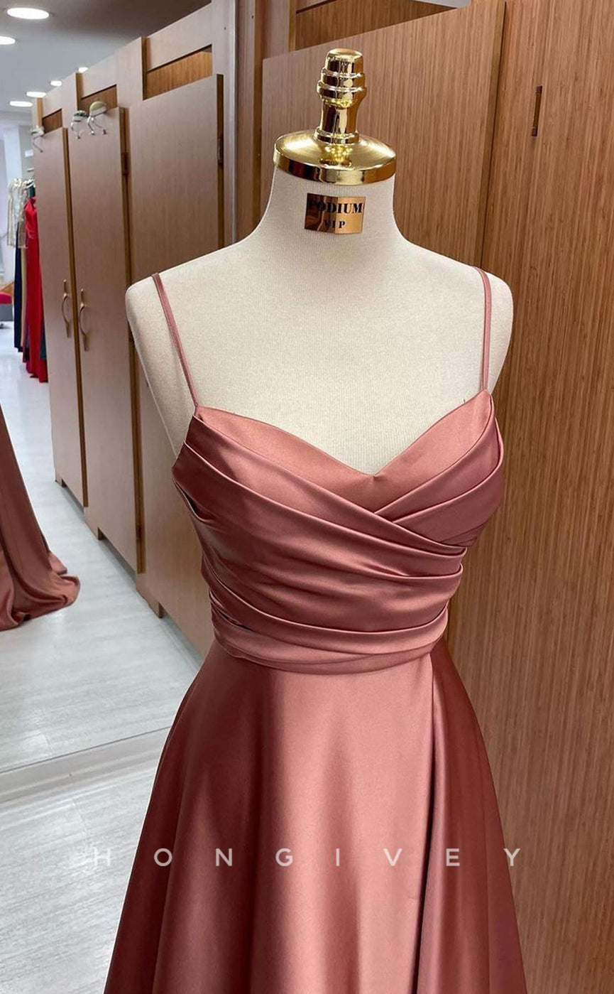 L1790 - Sexy Satin A-Line V-Neck Spaghetti Straps Empire Ruched Party Prom Evening Dress - Fashionpara