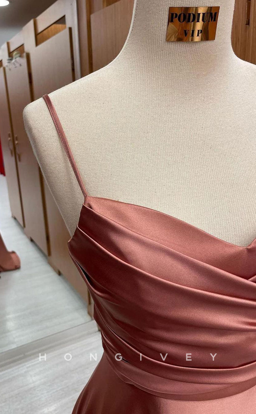 L1790 - Sexy Satin A-Line V-Neck Spaghetti Straps Empire Ruched Party Prom Evening Dress - Fashionpara