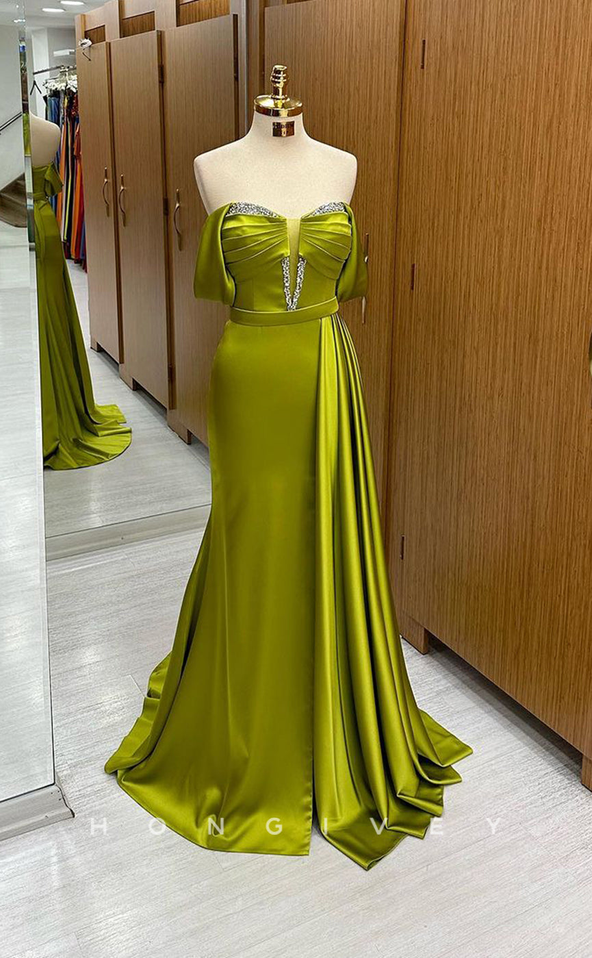 L1791 - Sexy Satin Off-Shoulder Empire Ruched Beaded With Train Party Prom Evening Dress - Fashionpara