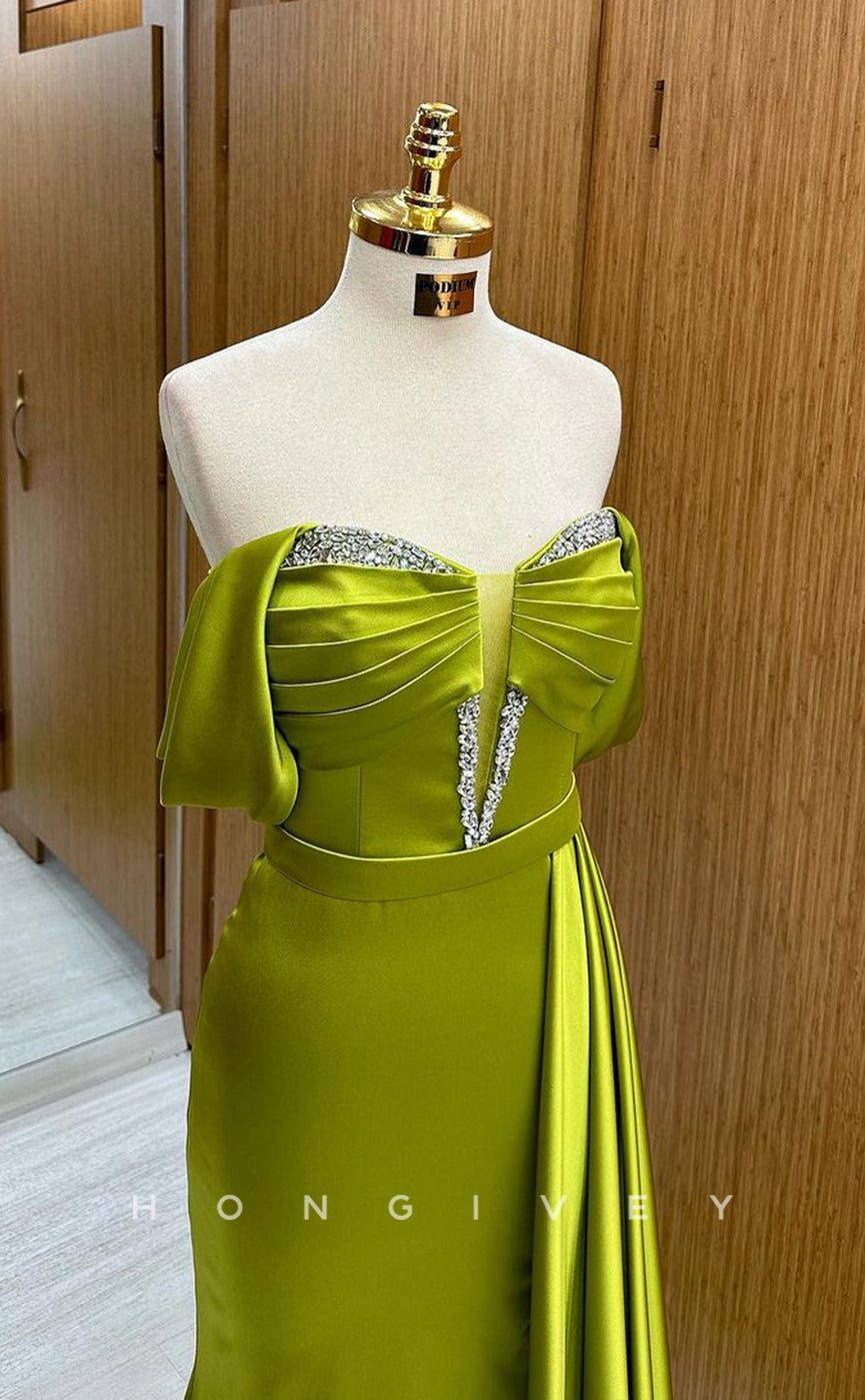 L1791 - Sexy Satin Off-Shoulder Empire Ruched Beaded With Train Party Prom Evening Dress - Fashionpara