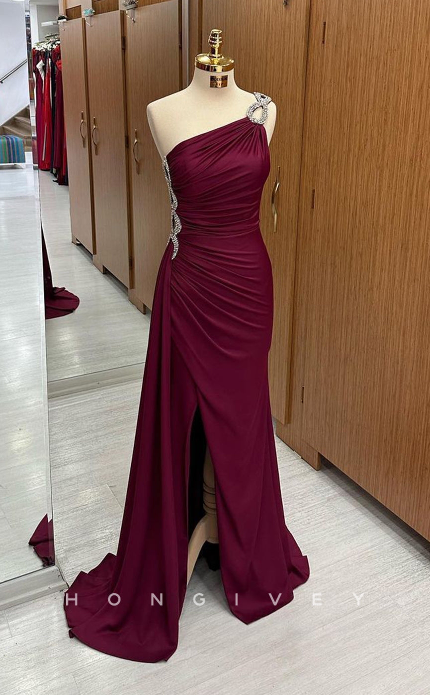 L1792 - Sexy Satin Fitted One Shoulder Sleeveless Pleats Beaded With Side Slit Party Prom Evening Dress - Fashionpara