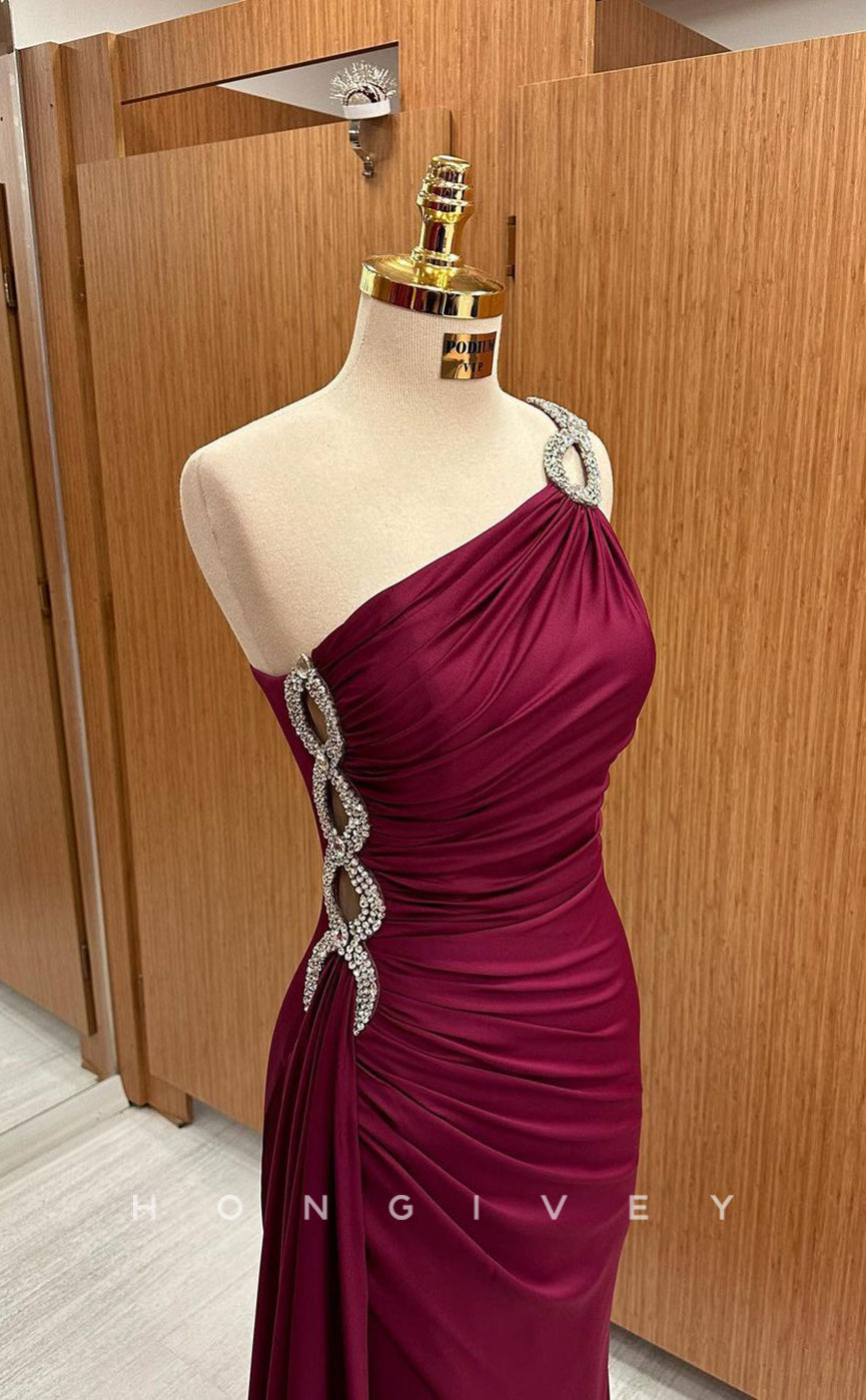 L1792 - Sexy Satin Fitted One Shoulder Sleeveless Pleats Beaded With Side Slit Party Prom Evening Dress - Fashionpara
