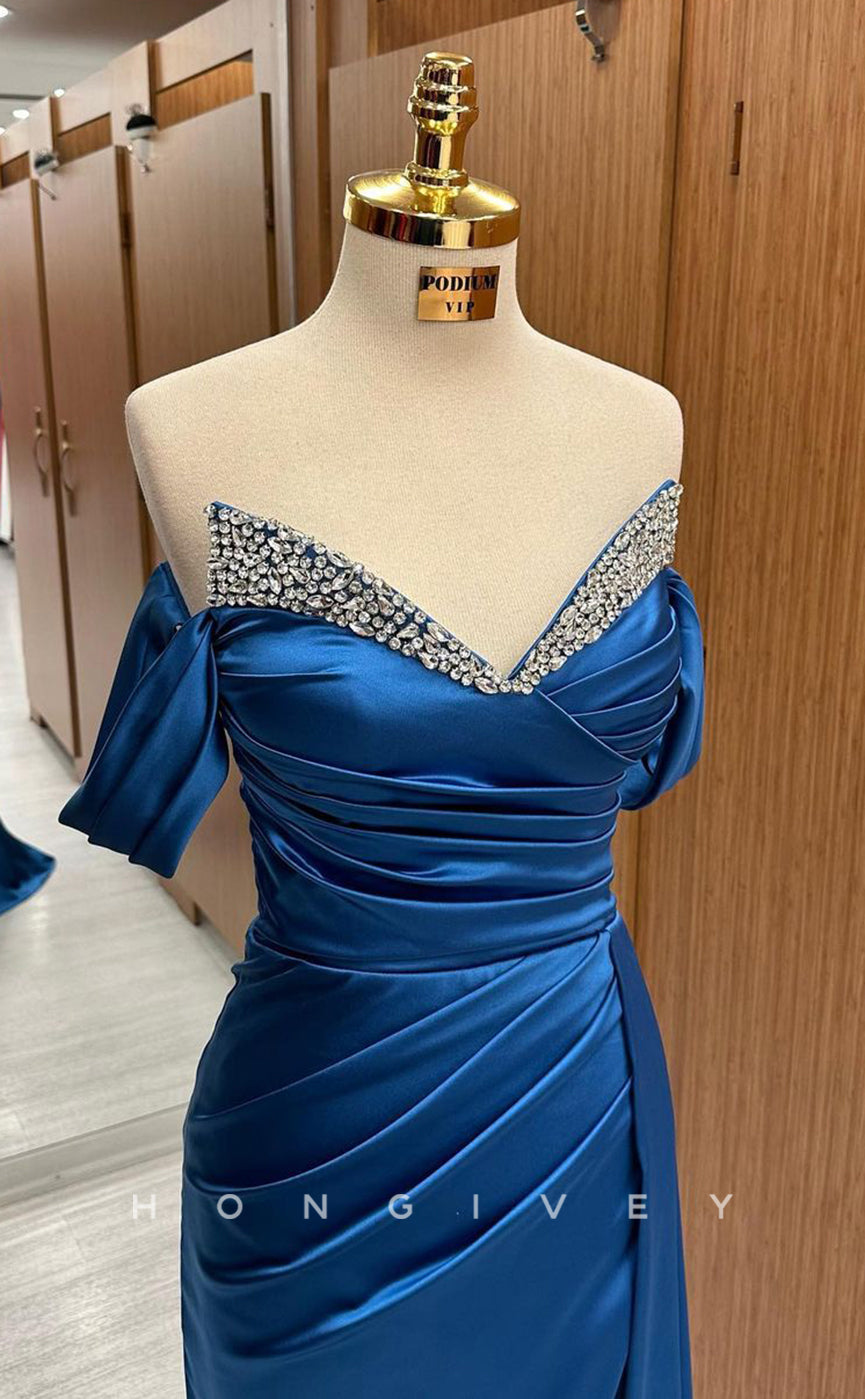 L1793 - Sexy Satin A-Line Off-Shoulder Empire Ruched Beaded With Slit Party Prom Evening Dress - Fashionpara