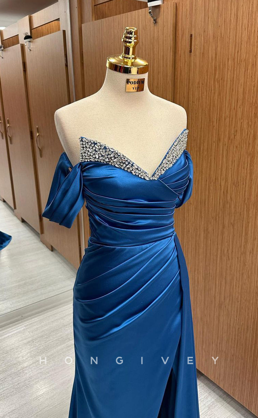 L1793 - Sexy Satin A-Line Off-Shoulder Empire Ruched Beaded With Slit Party Prom Evening Dress - Fashionpara