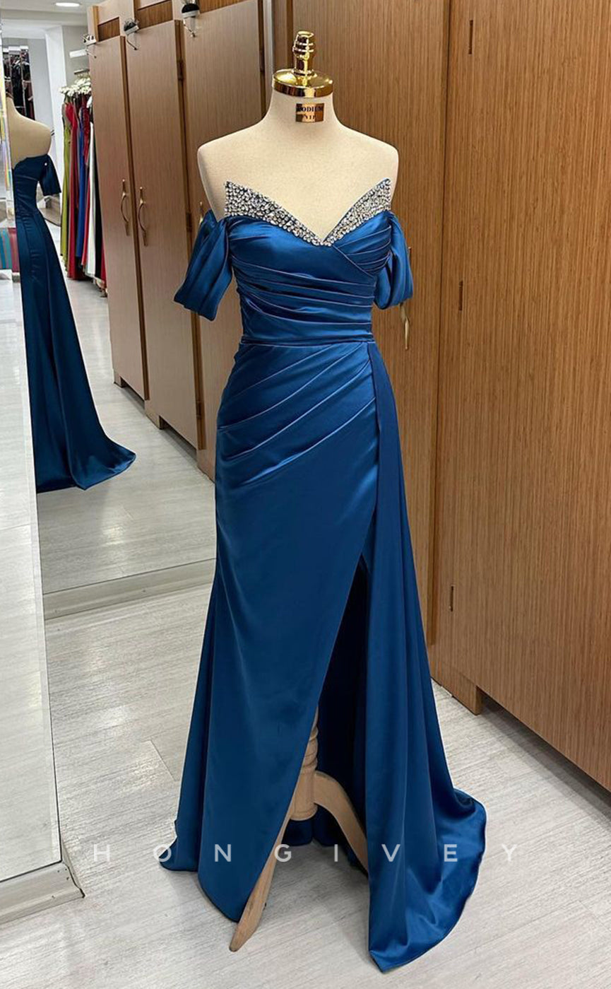 L1793 - Sexy Satin A-Line Off-Shoulder Empire Ruched Beaded With Slit Party Prom Evening Dress - Fashionpara