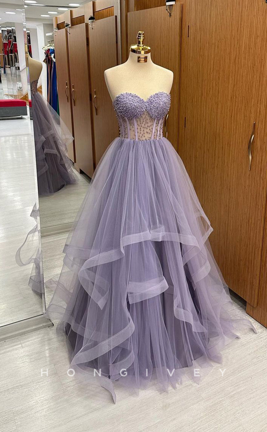 L1794 - Sexy Tulle A-Line Sweetheart Sleeveless Illusion Empire Beaded Party Prom Evening Dress - Fashionpara