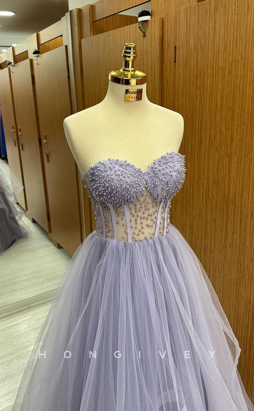 L1794 - Sexy Tulle A-Line Sweetheart Sleeveless Illusion Empire Beaded Party Prom Evening Dress - Fashionpara