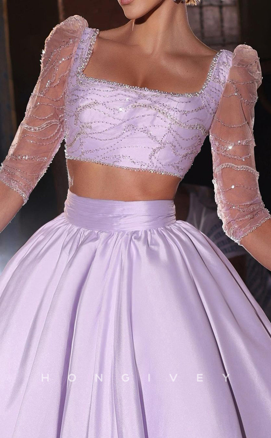L1795 - Sexy Satin Two Piece A-Line Square Half Sleeves Empire Beaded Party Prom Evening Dress - Fashionpara