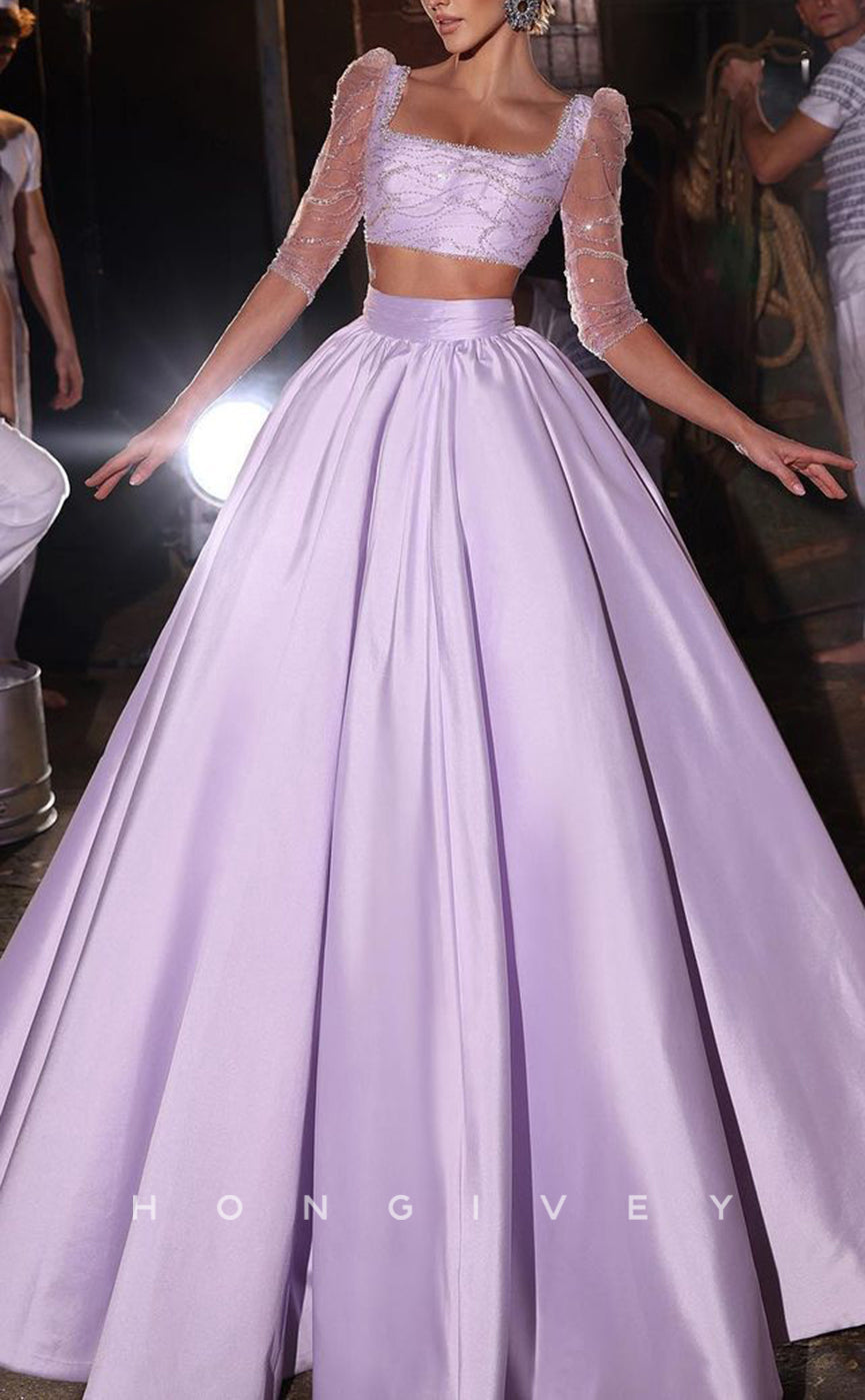 L1795 - Sexy Satin Two Piece A-Line Square Half Sleeves Empire Beaded Party Prom Evening Dress - Fashionpara