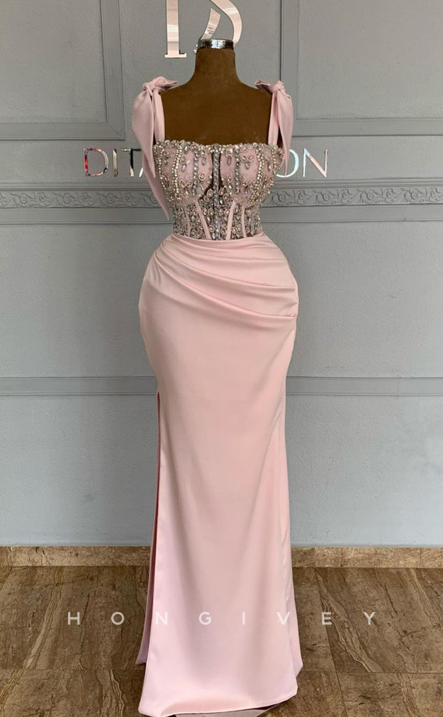 L1806 - Sexy Satin Fitted Illusion Sweetheart Straps Empire Pleats Beaded Party Prom Evening Dress - Fashionpara