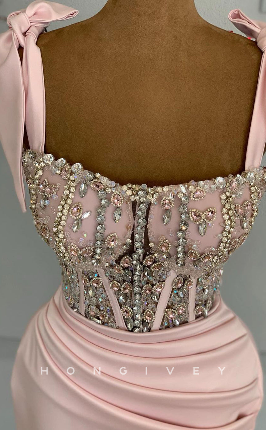 L1806 - Sexy Satin Fitted Illusion Sweetheart Straps Empire Pleats Beaded Party Prom Evening Dress - Fashionpara