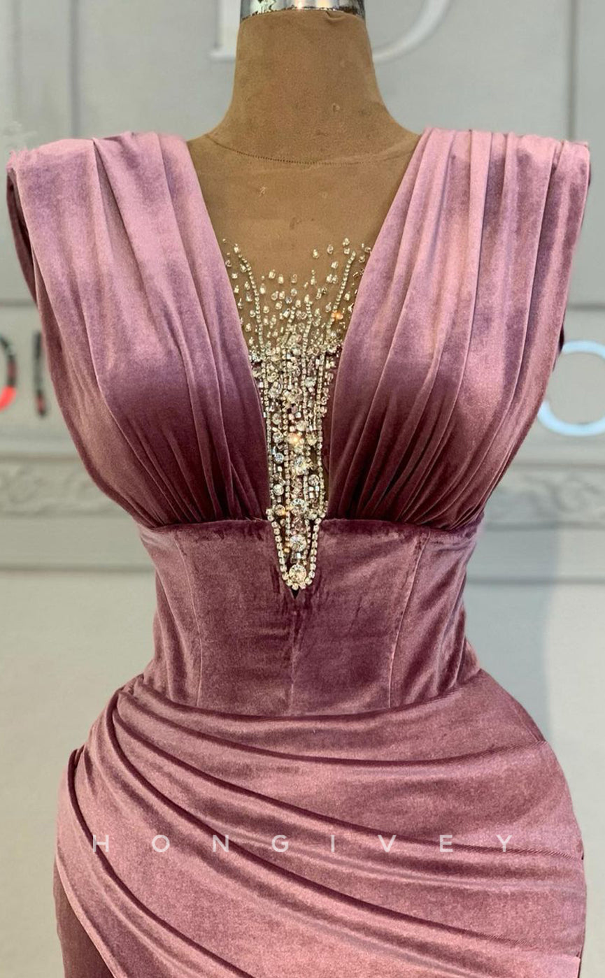L1821 - Sexy Satin Fitted V-Neck Straps Sleeveless Empire Beaded Ruched Party Prom Evening Dress - Fashionpara