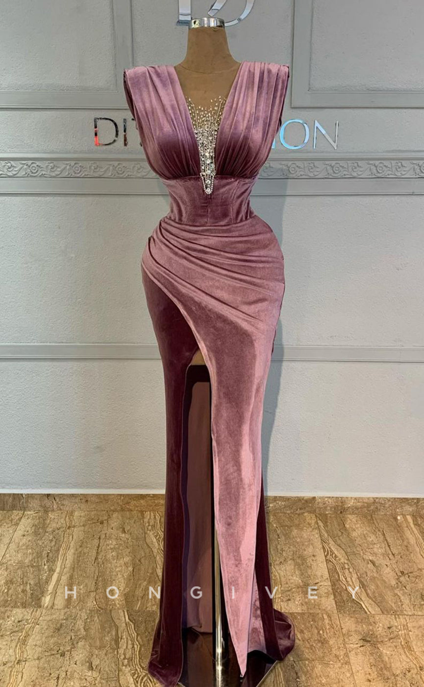 L1821 - Sexy Satin Fitted V-Neck Straps Sleeveless Empire Beaded Ruched Party Prom Evening Dress - Fashionpara
