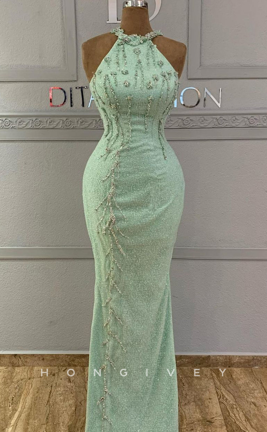 L1822 - Sexy Satin Fitted Glitter High Neck Sleeveless Empire Beaded Party Prom Evening Dress - Fashionpara