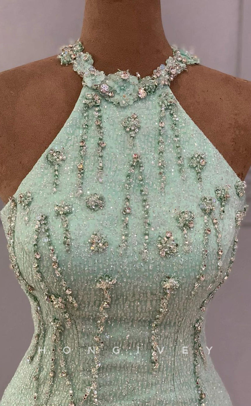 L1822 - Sexy Satin Fitted Glitter High Neck Sleeveless Empire Beaded Party Prom Evening Dress - Fashionpara