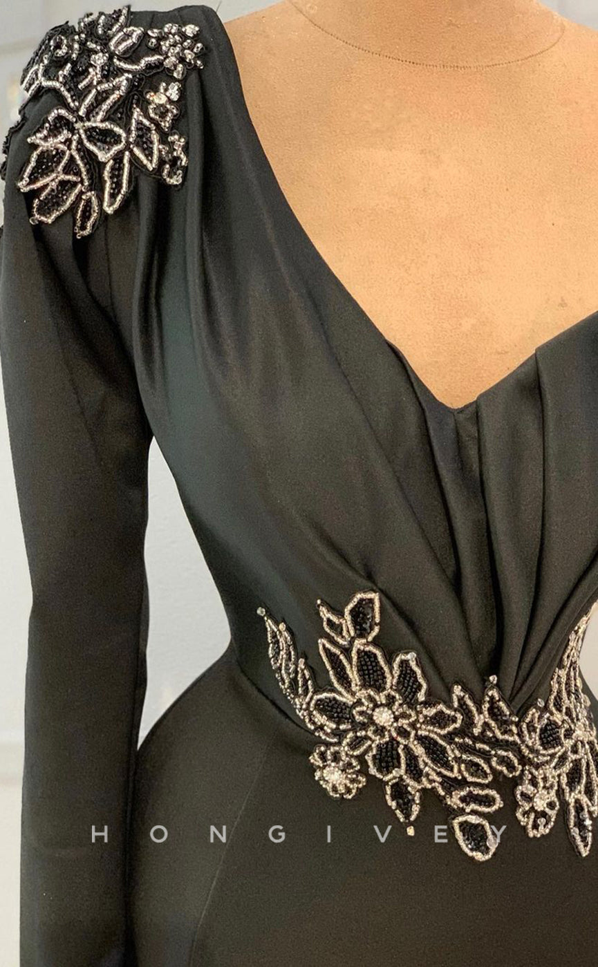 L1823 - Sexy Satin Trumpt One Shoulder Long Sleeve Empire Beaded With Train Party Prom Evening Dress - Fashionpara