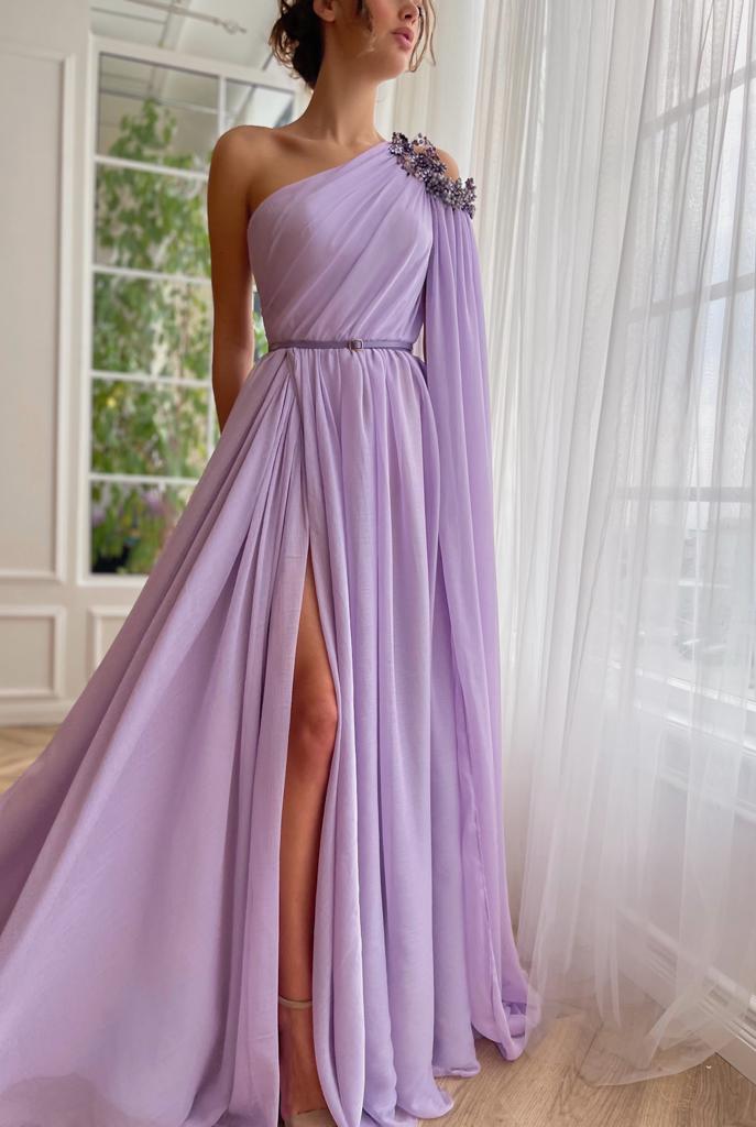 Elegant & Luxurious One Shoulder Cap sleeves A-Line Split Evening Party Prom Dress
