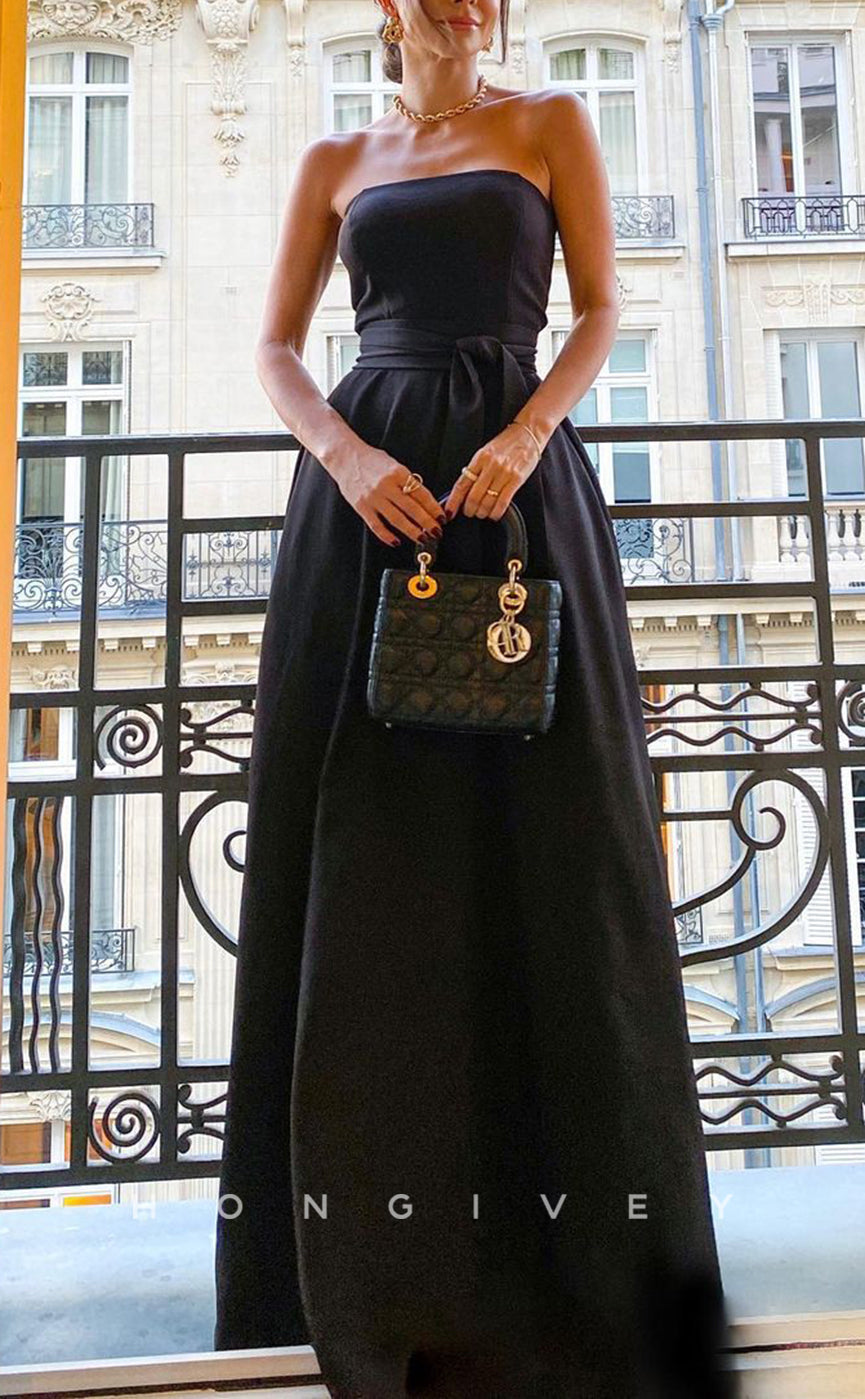 L1885 - Sexy Satin A-Line Strapless Sleeveless Empire Belt Floor-Length Party Prom Evening Dress - Fashionpara