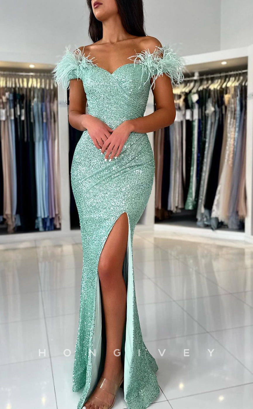 L1887 - Sexy Fitted Glitter Off-Shoulder Empire Pleats Feathers With Side Slit Party Prom Evening Dress - Fashionpara