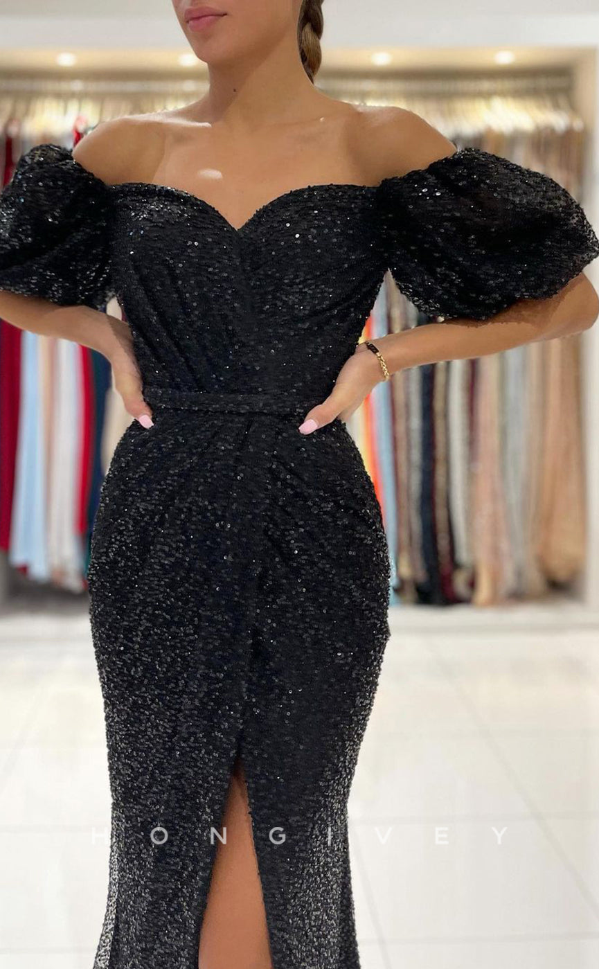 L1888 - Sexy Black Trumpt Glitter Off-Shoulder Empire Pleats Fully Sequined Party Prom Evening Dress - Fashionpara