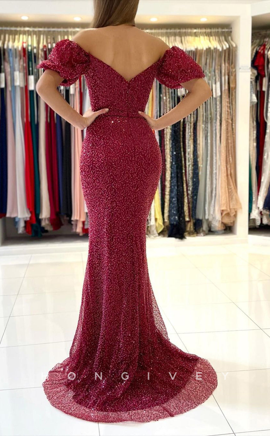 L1889 - Sexy Trumpt Glitter Puff Sleeves Gown Off-Shoulder Empire With Side Slit Party Prom Evening Dress - Fashionpara