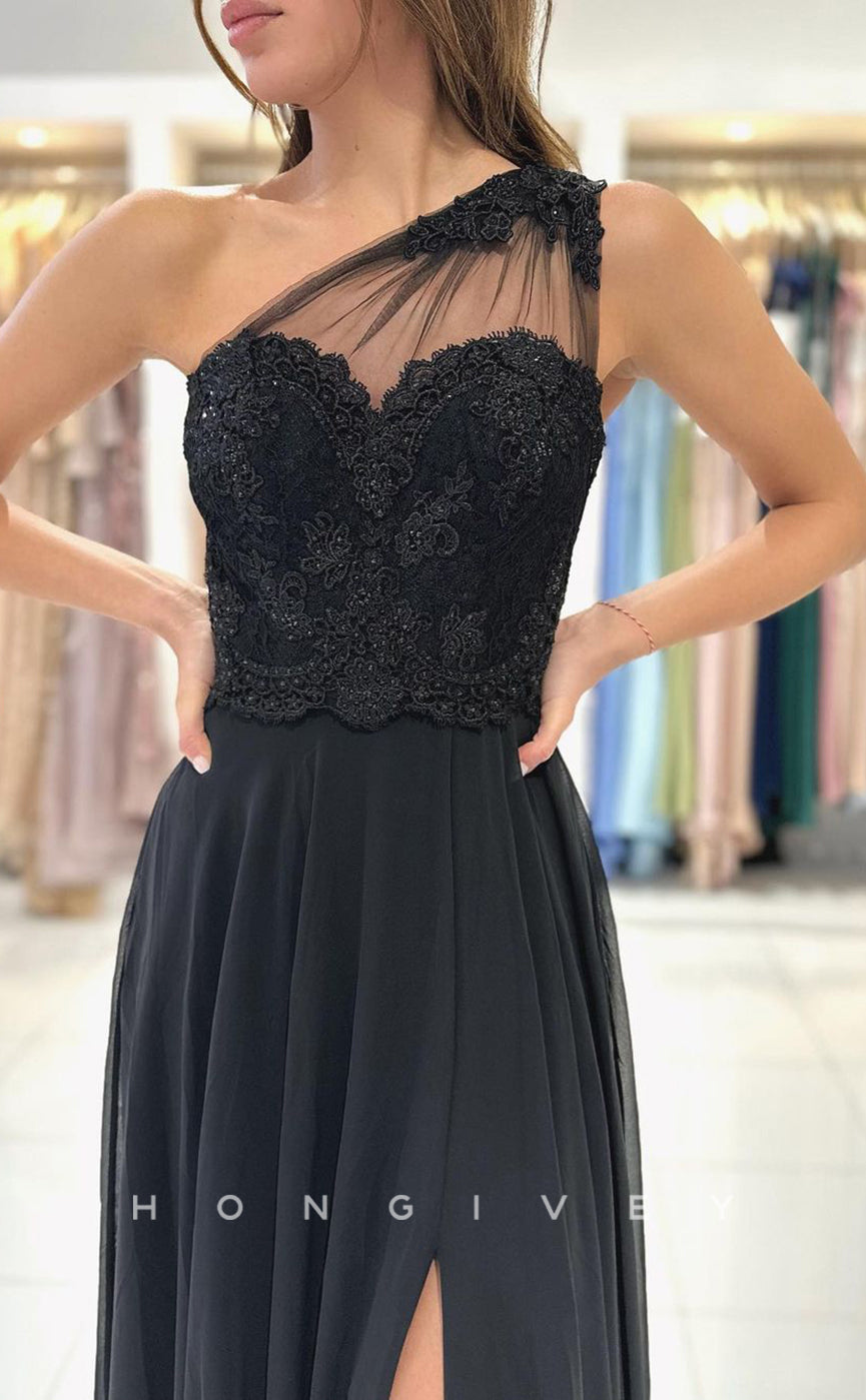 L1890 - Sexy Satin A-Line One Shoulder Empire Beaded Appliques With Side Slit Party Prom Evening Dress - Fashionpara