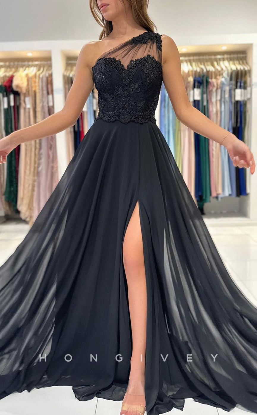 L1890 - Sexy Satin A-Line One Shoulder Empire Beaded Appliques With Side Slit Party Prom Evening Dress - Fashionpara