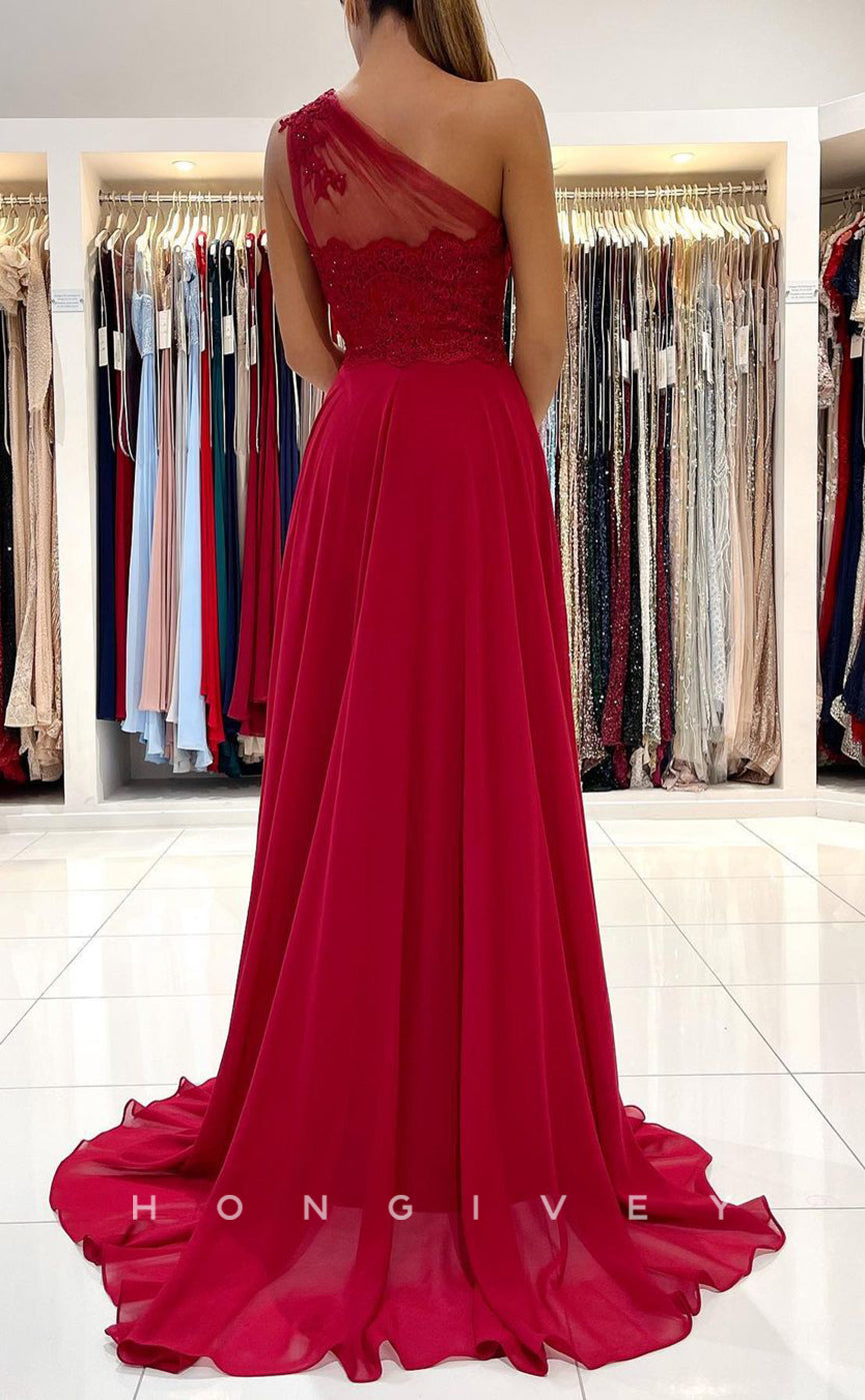 L1891 - Sexy Satin A-Line One Shoulder Empire Beaded Appliques With Side Slit Train Party Prom Evening Dress - Fashionpara