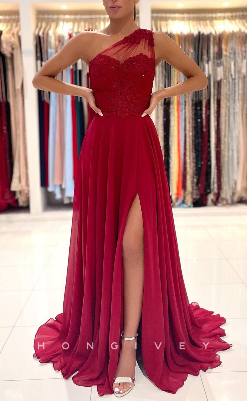 L1891 - Sexy Satin A-Line One Shoulder Empire Beaded Appliques With Side Slit Train Party Prom Evening Dress - Fashionpara
