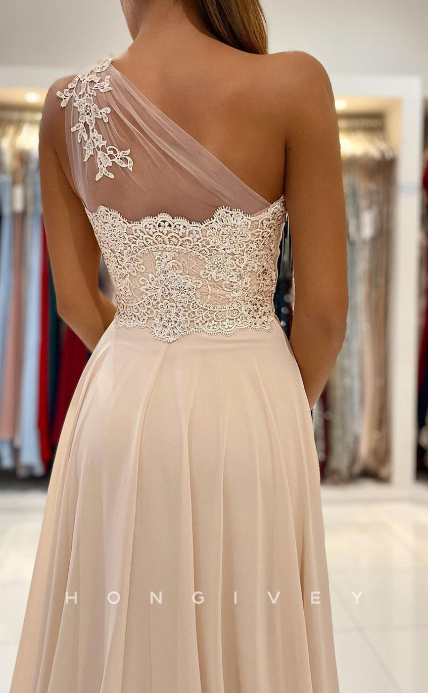 L1892 - Sexy Satin A-Line One Shoulder Empire Appliques With Side Slit Party Prom Evening Dress - Fashionpara