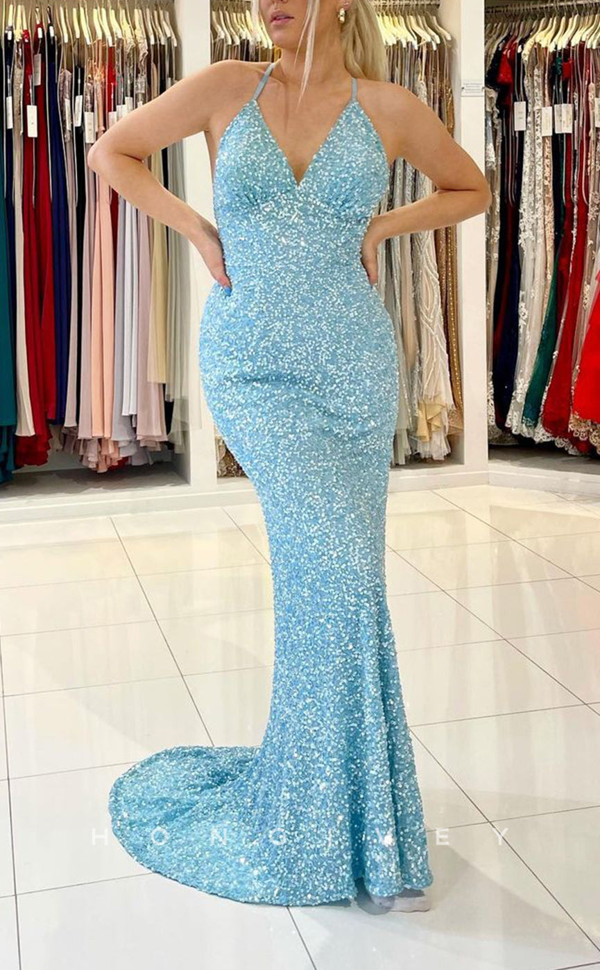L1893 - Sexy Trumpt Glitter V-Neck Spaghetti Straps Empire Sequined With Train Party Prom Evening Dress - Fashionpara