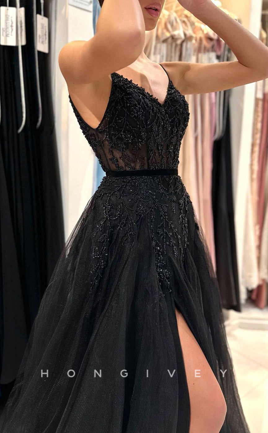 L1894 - Sexy Tulle A-Line V-Neck Spaghetti Straps Empire Beaded With Side Slit Party Prom Evening Dress - Fashionpara